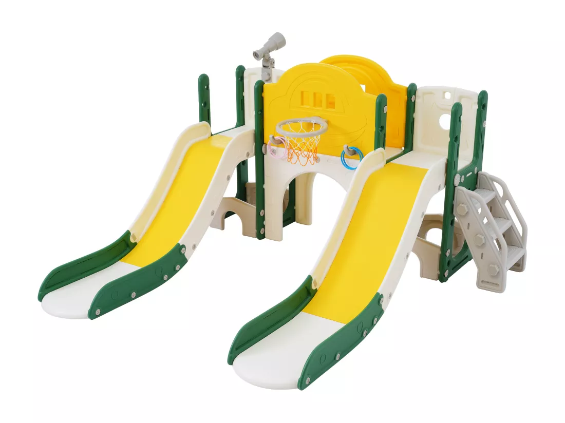 Aire de jeux pour enfants 8 en 1 avec toboggan, mur d'escalade, jeu de trous de forage, vert