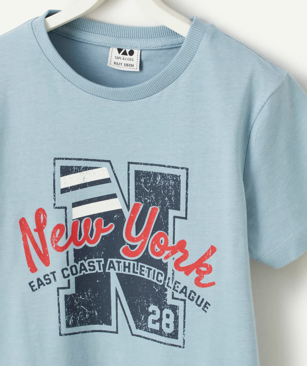 T-SHIRT GARÇON EN COTON BIO BLEU AVEC MESSAGES NEW YORK ET LETTRE