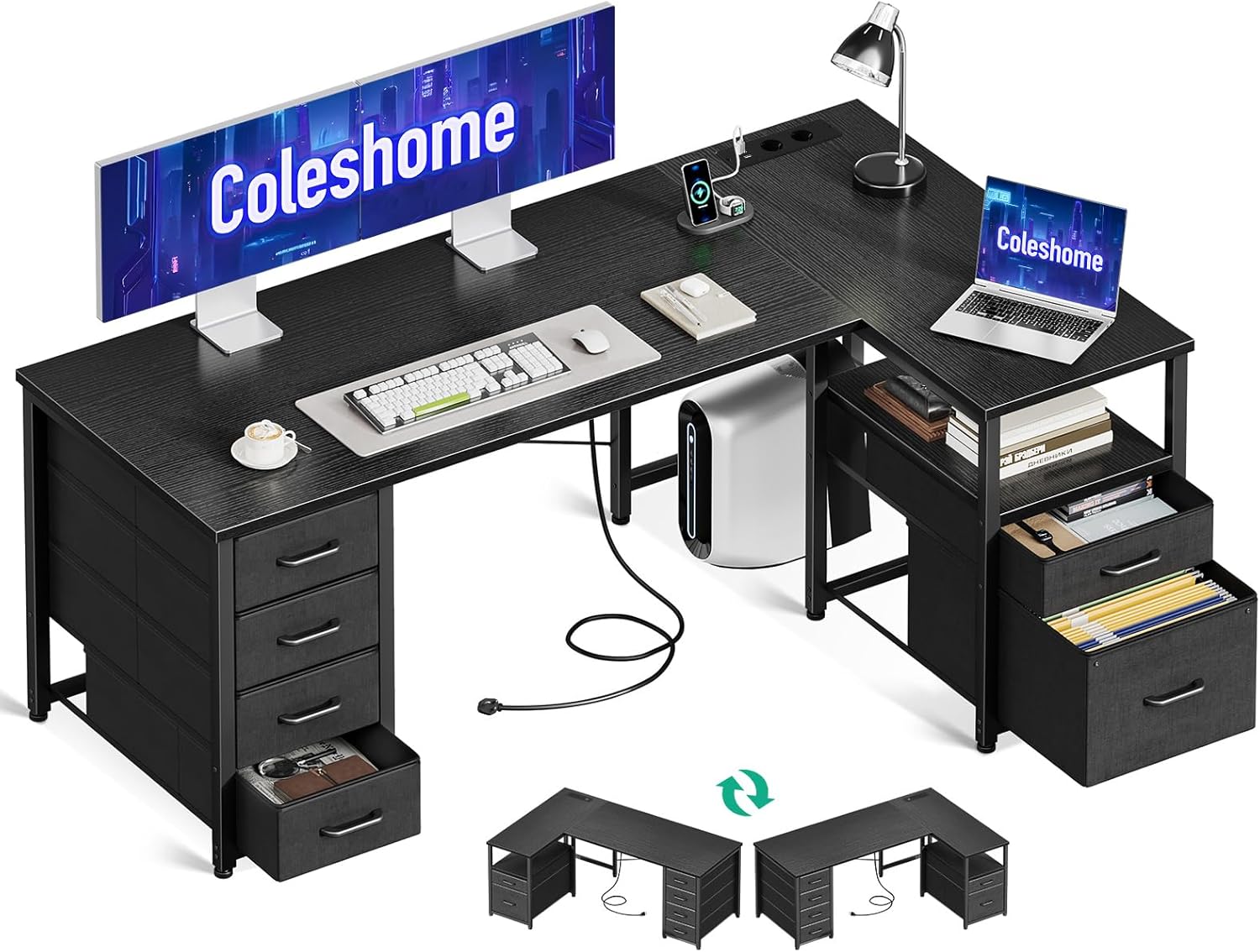 Coleshome Schreibtisch mit Stoff Schubladen, 140x80cm Umkehrbarer Schreibtisch L Form mit Aktenschublade, Eckschreibtisch mit USB-Ladeanschluss und Steckdose, Home Office Schreibtische, Schwarz