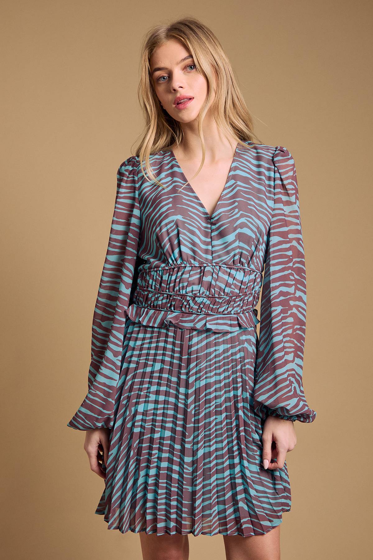 Oasis Robe Mini à Manches Longues avec Jupe Plissée Imprimée