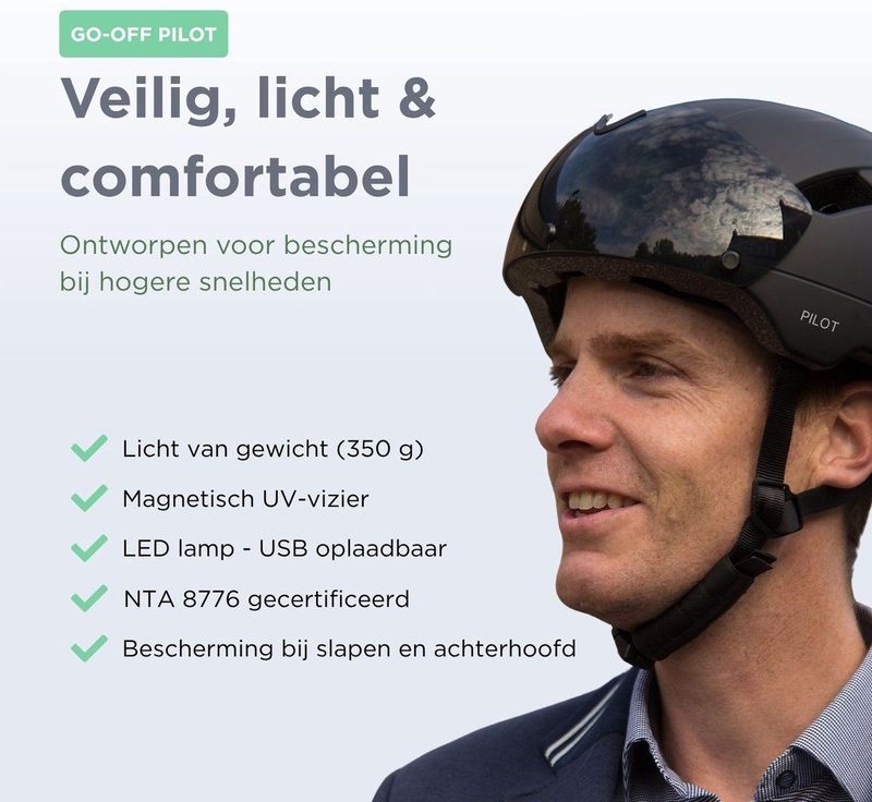 GOOFF - Pilot - Snorfiets Helm - Matzwart - 3-in-1 met Verlichting en Vizier - NTA 8776