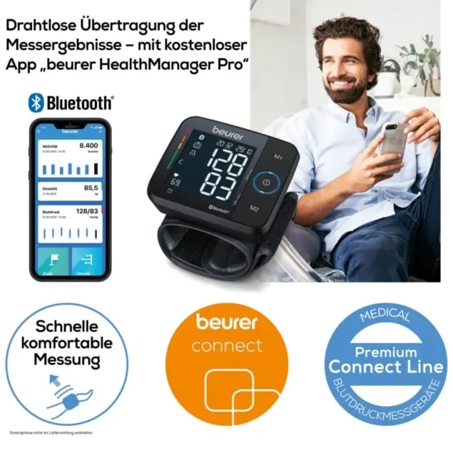 BC 54 Blutdruckmessgerät für das Handgelenk mit Inflation-Technology   App Funktion für iOS / Android (65054) - Schwarz