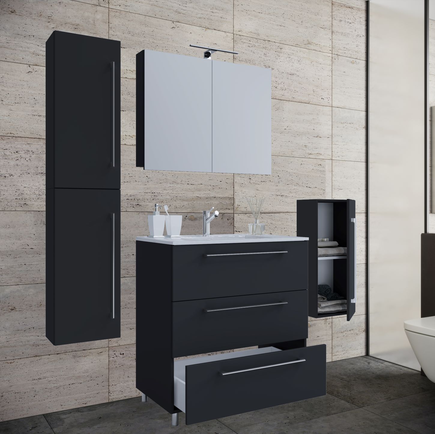 5-teiliges Badmöbel-Set BADINOS 3 - schwarz - mit Spiegelschrank
