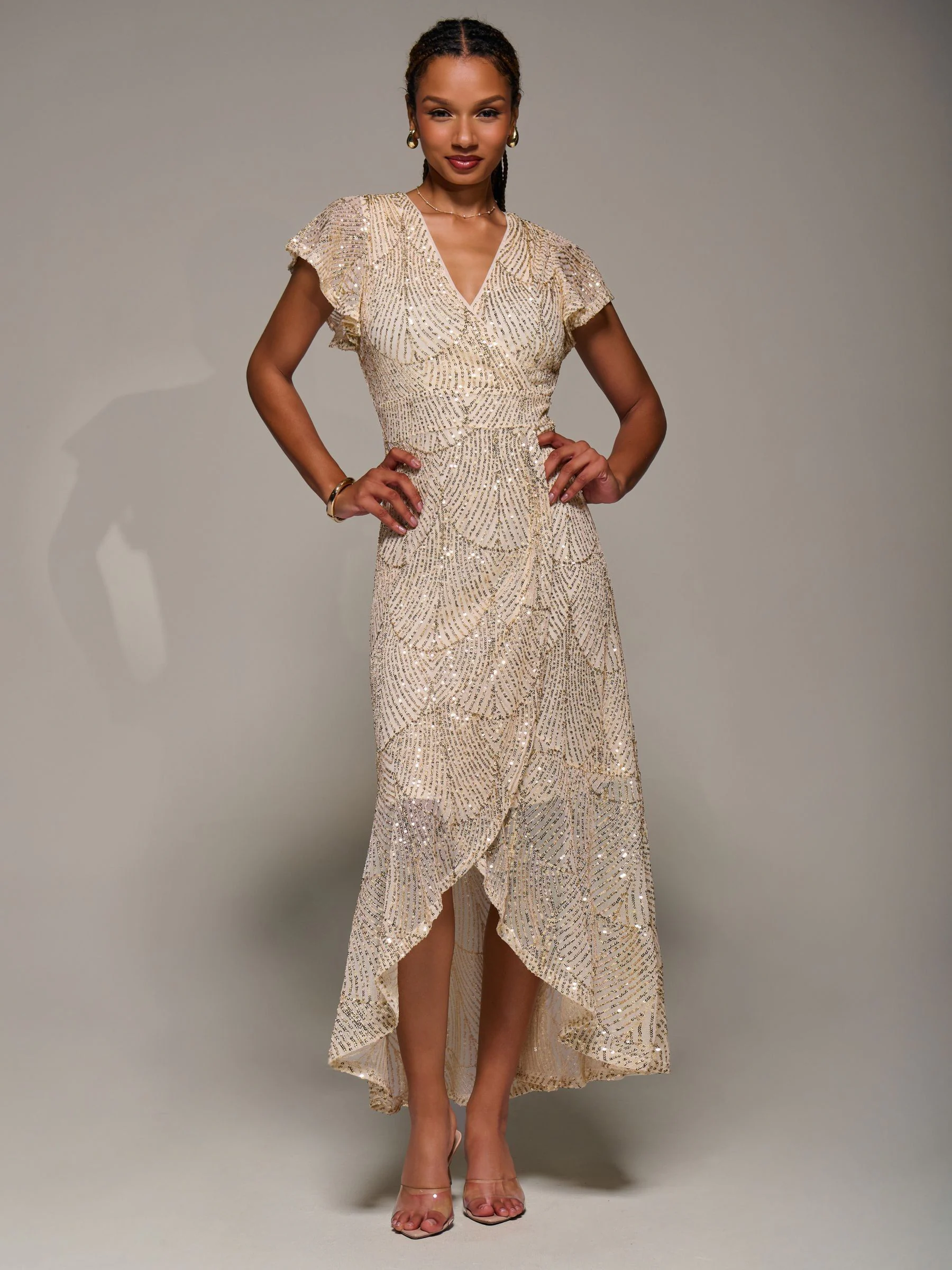 Jolie Moi Frill Short Sleeve Sequin Maxi Dress