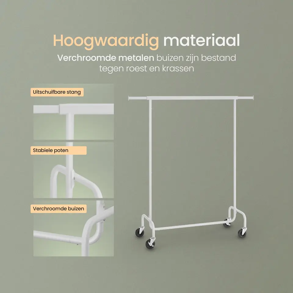 O'DADDY Verstelbaar Kledingrek op Wielen - 130 Kg Draagvermogen - Roestvrij