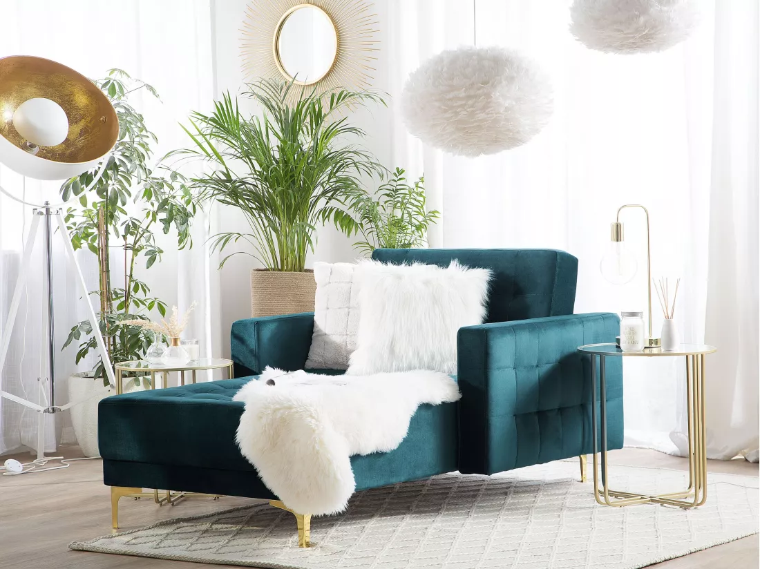 Chaise longue en velours bleu paon ABERDEEN