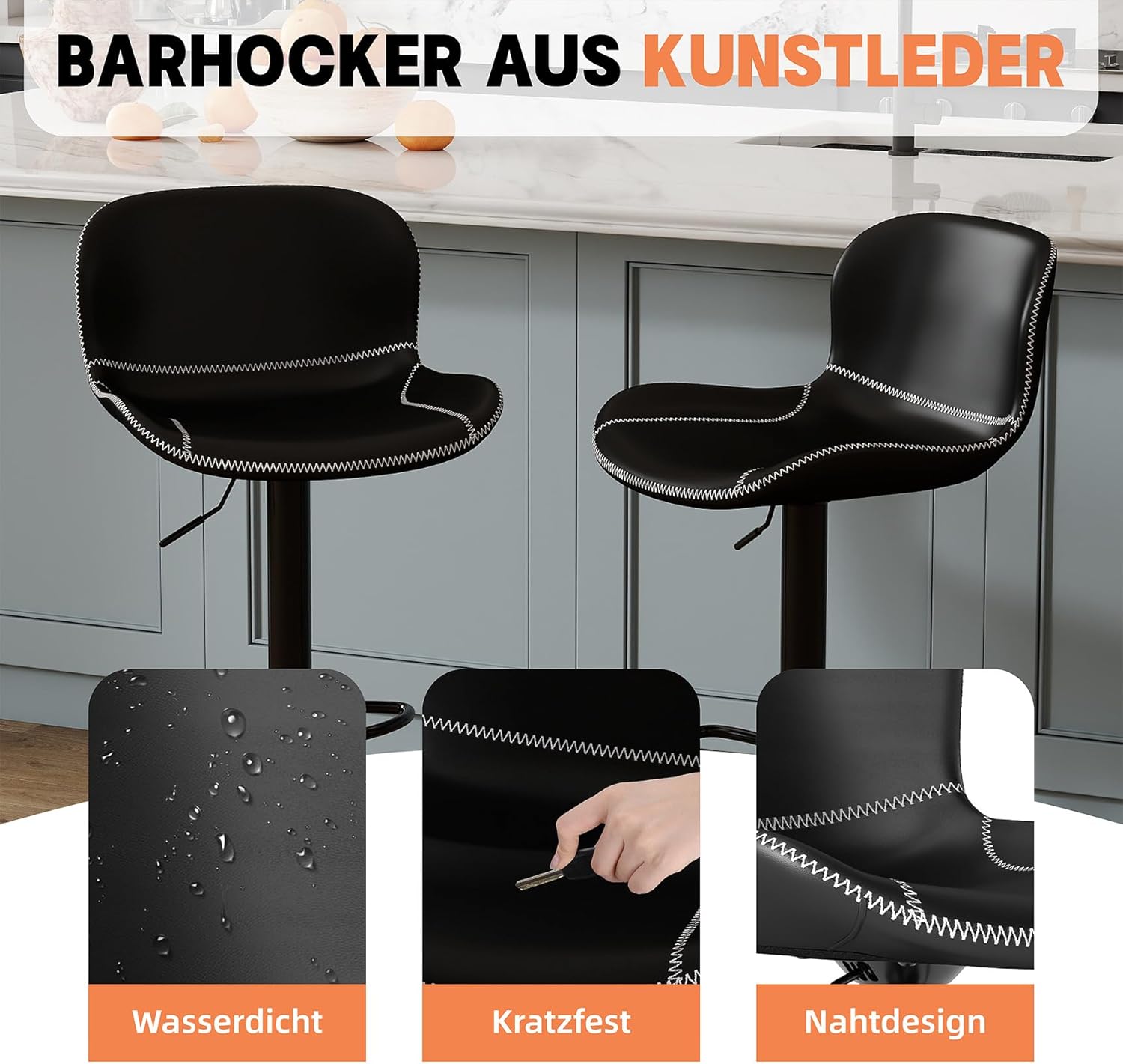 Youhauchair Barhocker 2er Set, Barhocker Höhenverstellbar aus Kunstleder, wasserdicht und verschleißfest, Barhocker mit Lehne, Drehbarer bar Stool, modern, Schwarz