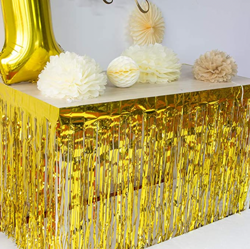 (250x80cm) Party Tisch Deko Metallic Lametta Vorhang Glänzender Fransen Vorhang für Apéro / Esstisch - Gold