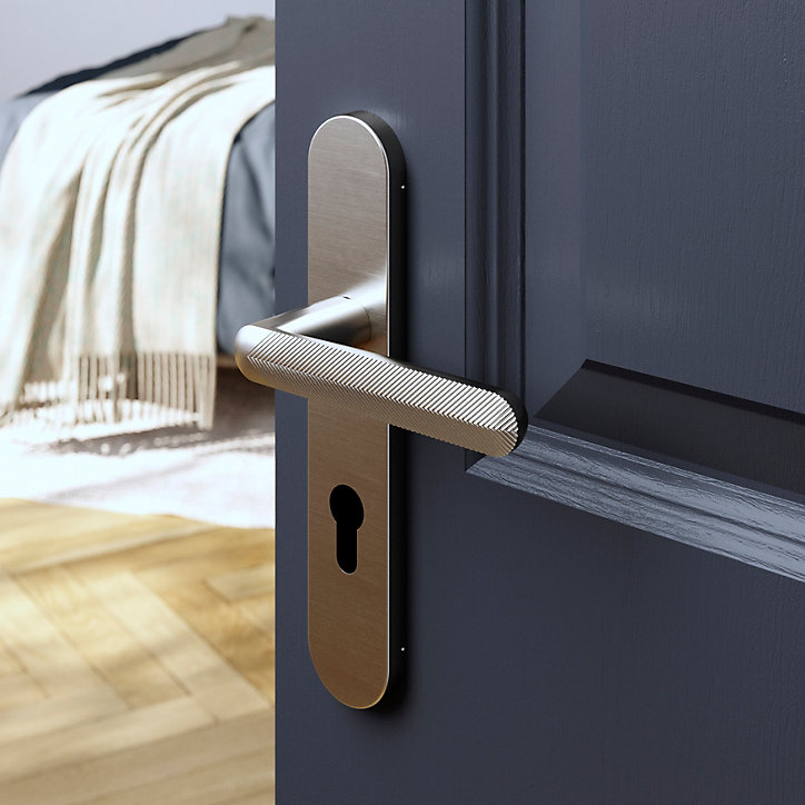 Ensemble poignée sur plaque rondcylindre GoodHome Garlan effet nickel satin gris L.125mm x l.42mm entraxe 165-195mm