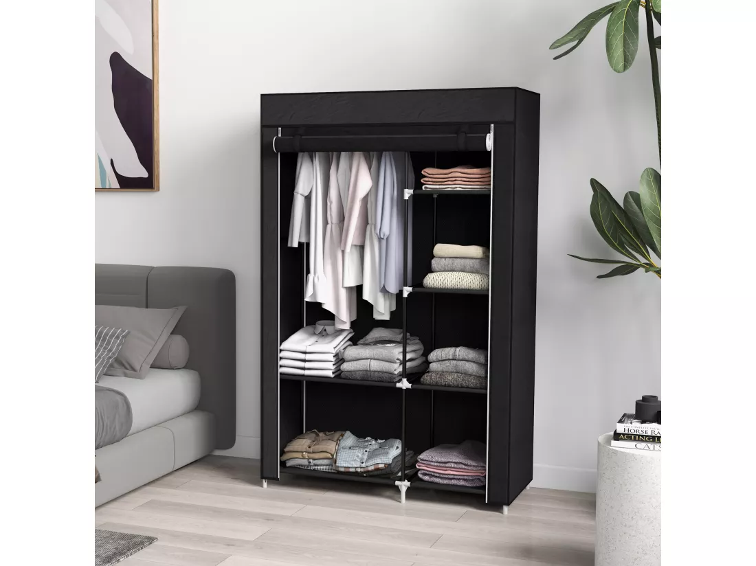 Armoire penderie multi-rangement - 6 étagères, 1 barre - dim. 103L x 43l x 162,5H cm - acier noir non tissé noir