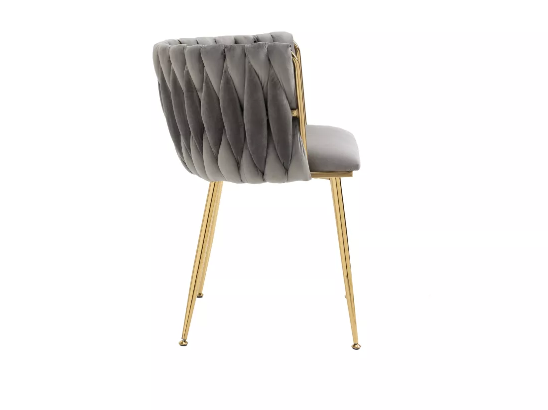 Lot de 2 Chaises de salle à manger luxueuses en velours, avec dossier tissé, pieds en métal, design moderne plaqué or, adaptées pour le salon et la chambre à coucher – Gris
