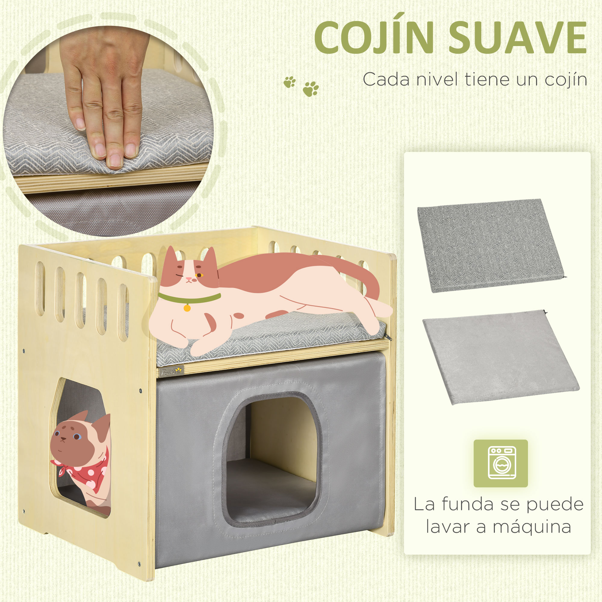 Cama de madeira para gatos PawHut, toca para gatos, casinha para gatos de interior com 2 almofadas e capa removível em tecido Oxford, 48x38x47 cm, cor natural.