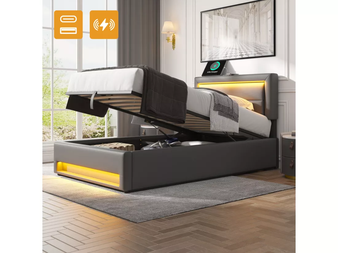 Lit coffre 90 x 200 cm avec tête de lit - Prises USB et LEDs - Cuir PU - Sommier à lattes - Gris(sans matelas)