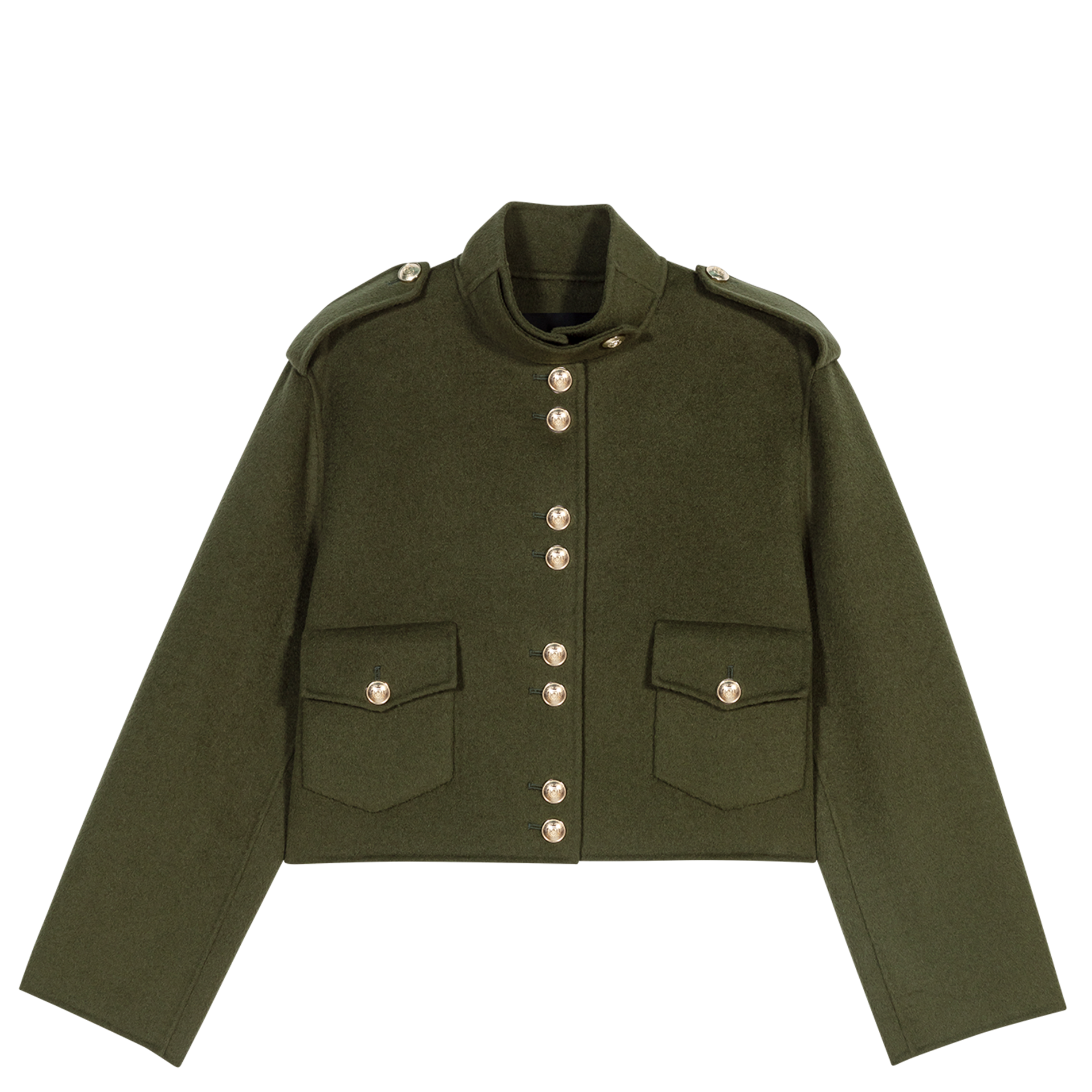 Veste courte col officier en laine feutré | Kaki