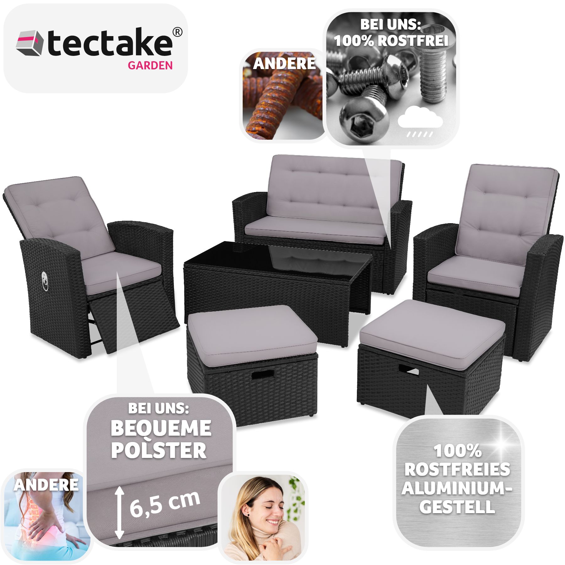 tectake® Rattan Lounge, mit Aluminiumgestell, wetterfest und UV-beständig, mit Sicherheitsglasplatte und Schraubfüßen
