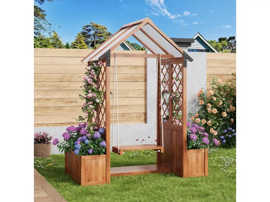 Bac à fleurs balançoire extérieur avec treillis et toit pare-soleil polycarbonate bois massif brun jardin terrasse