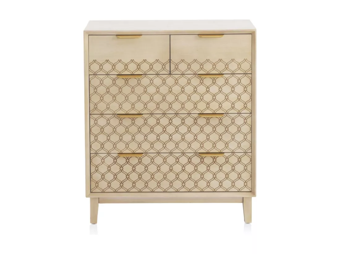 Commode 5 tiroirs en placage chêne et coloris beige