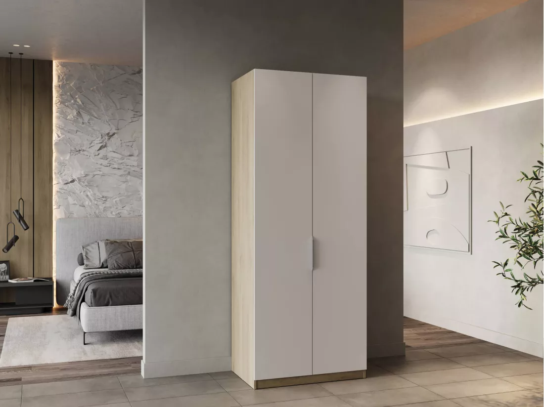 Garde-robe 2 portes Djakobsso, Meubles de chambre, Penderie de plain-pied, Placard à vêtements, 79x51 h203 cm, Chêne clair et Blanc mat