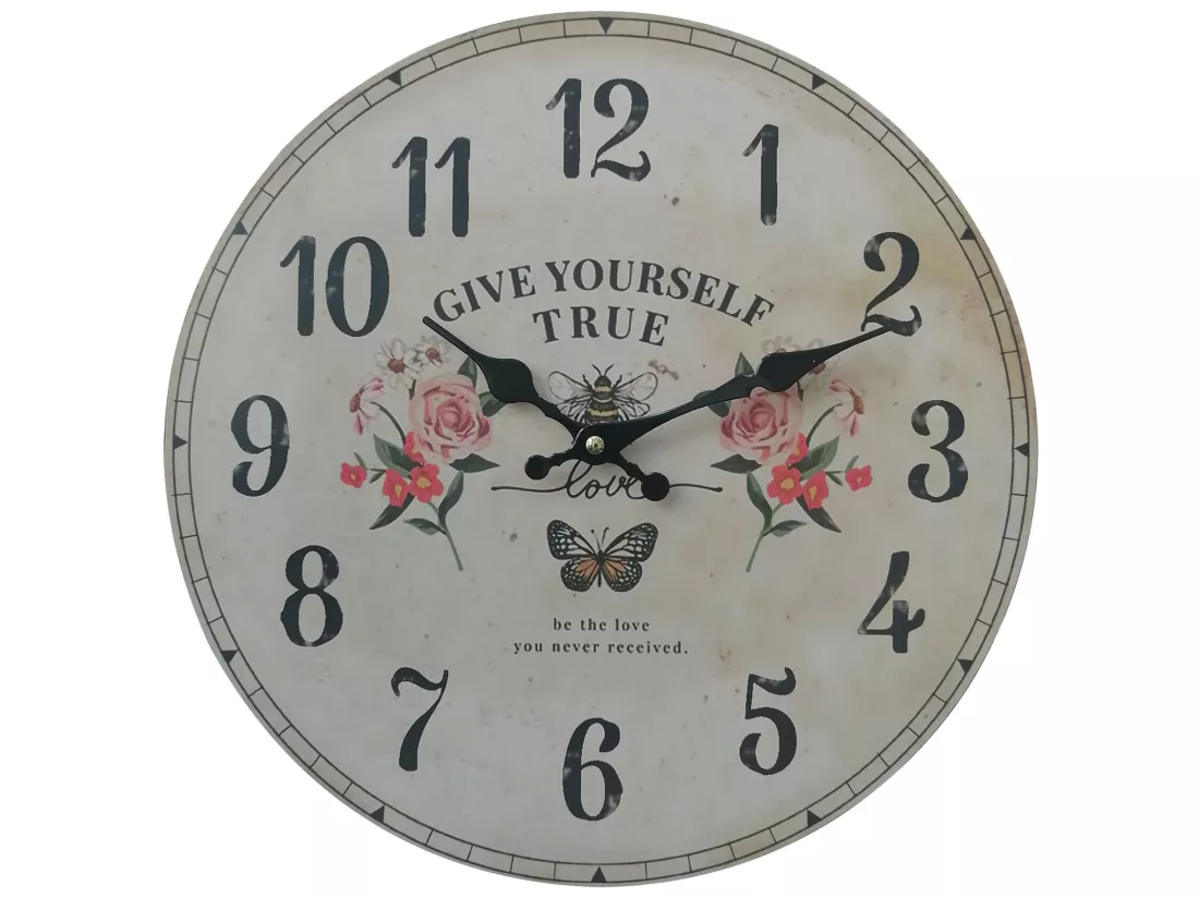 Horloge Murale Ronde Blanc Mdf Imprimé Floral Style Shabby