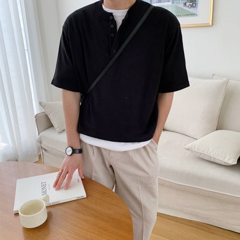Okwano - Henley gebreide top met korte mouwen