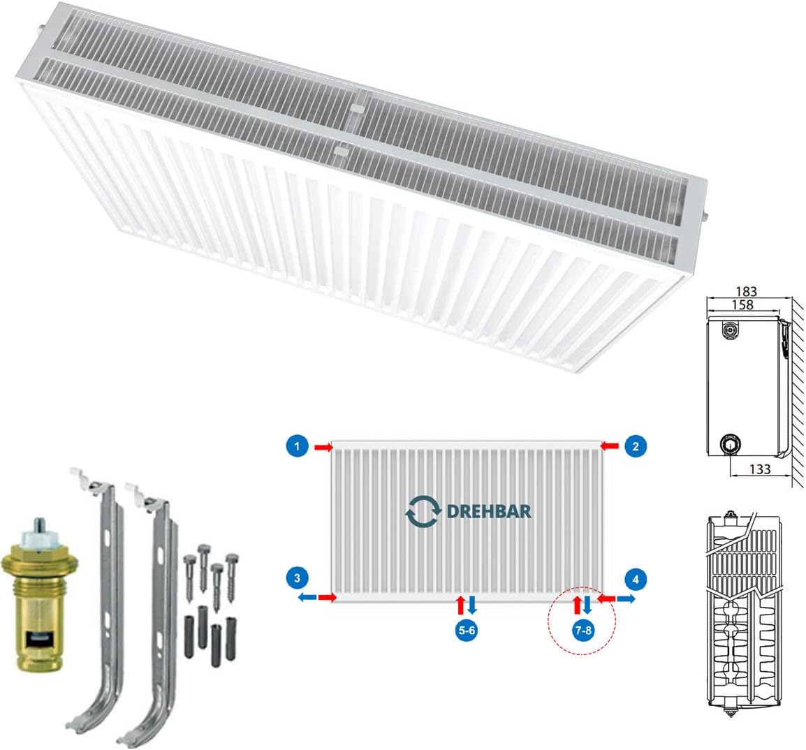 Belrad® Heizkörper Typ 33 | leistungsstarker Flachheizkörper mit 8 Anschlüssen | Wandmontage | kompakt & energieeffizient | für Bad, Gäste-WC, Wohnzimmer | weiß, flach, Mittelanschluss