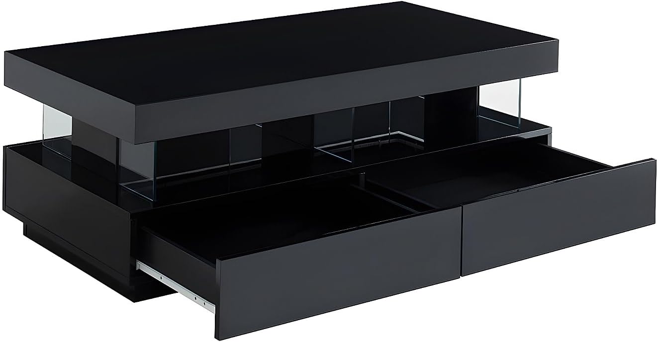 Vente-unique-Couchtisch mit 2 Schubladen + 2 Ablagen + LEDs - MDF lackiert - Schwarz - Fabio