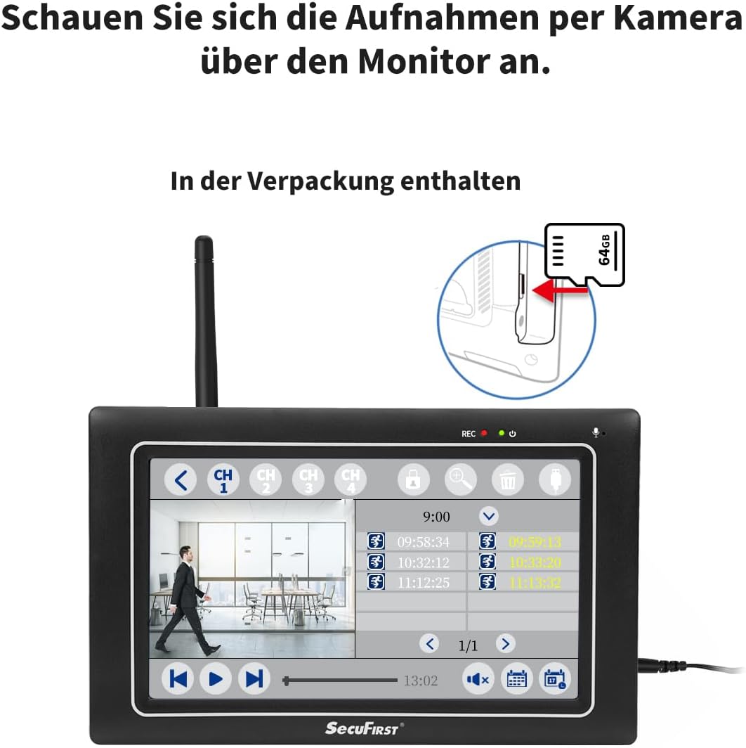 SecuFirst 2K Überwachungskamera Aussen Set mit Monitor,4X Kameras Überwachung ohne WLAN +7 Zoll Touchscreen Funk NVR Bildschrim,Gegensprech oder Wiedergabe von Aufnahmen über Monitor und APP.