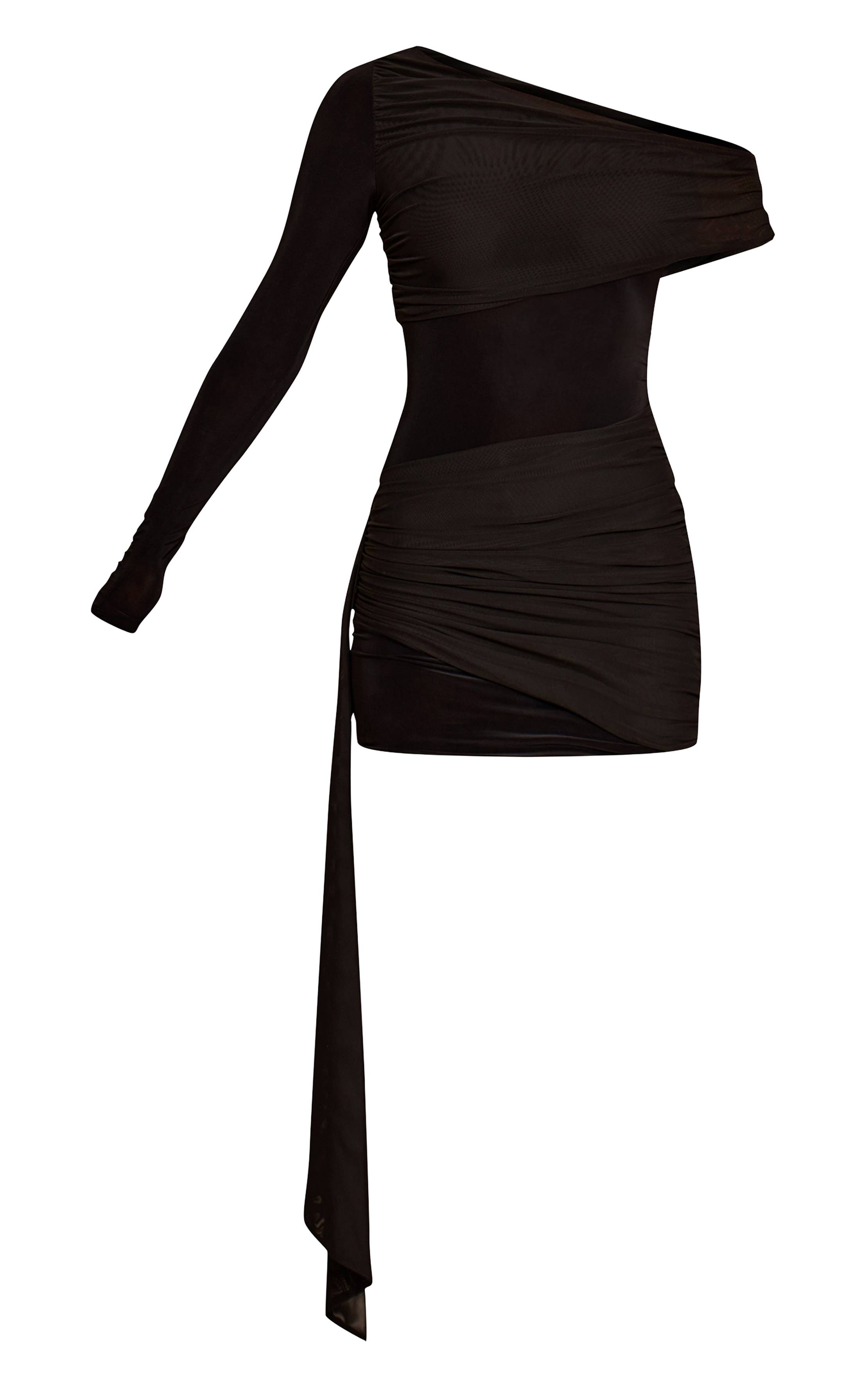 Noir Robe Moulante Courte À Manche Unique Et Détails Drapés