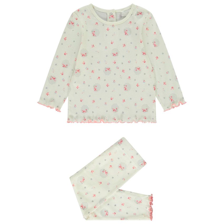 Pyjama 2 pièces effet côtelé et imprimé oiseaux pour bébé fille - Ecru