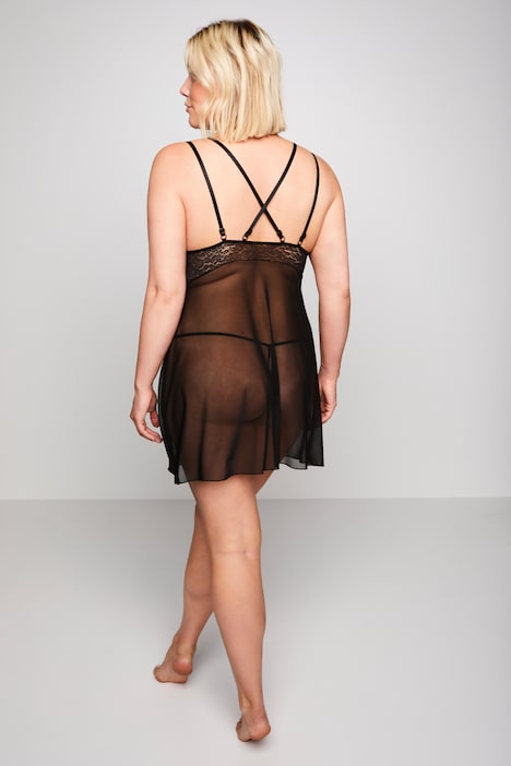 2-tlg. Set, Négligé & String, Leo Spitze und Mesh