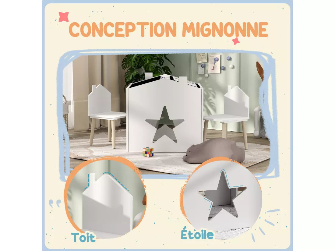 Ensemble 1 table et 2 chaises enfants avec plateau de tableau noir, pieds en pin, pour 3-8 ans, blanc
