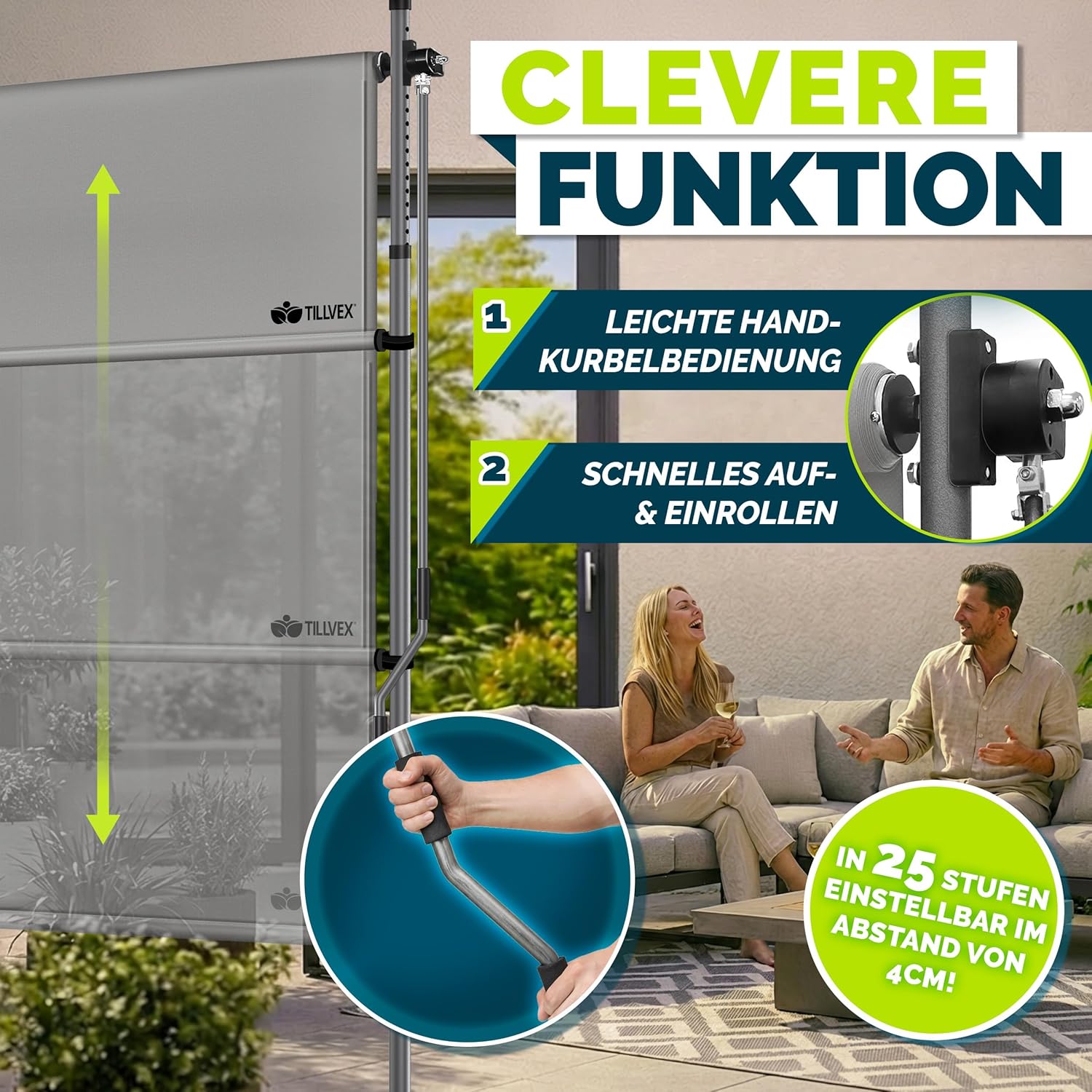 tillvex® Klemmmarkise Senkrechtmarkise mit Handkurbel ohne Bohren | Sichtschutz Ausziehbar & Blickdicht | Vertikalmarkise Balkon Terrasse Garten | Sichtschutzrollo Wetterfest (Grau, 200x310 cm)