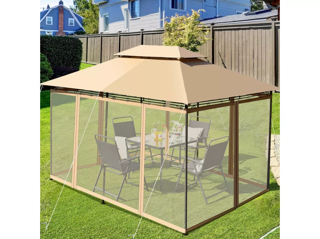 Tonnelle de Jardin Pergola 3,9 x 2,9 Moustiquaires Amovibles 6 Parois Structure Acier Auvent Tissu et velours Plastique et vinyle Havane