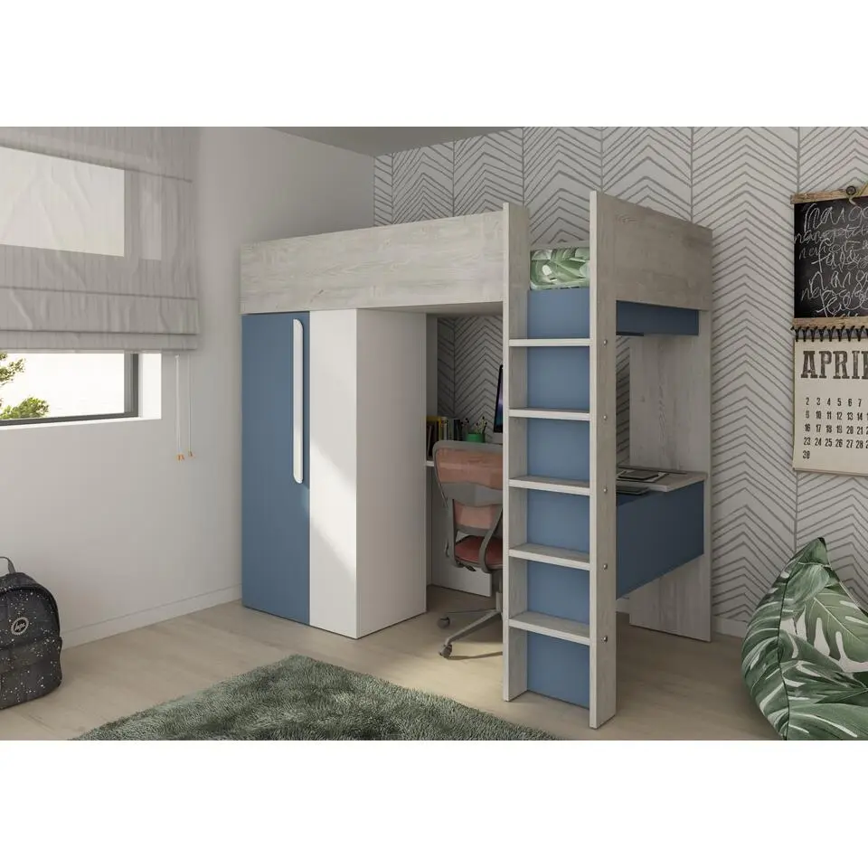 Hoogslaper Beau 90x200 met bureau & kast - donkerblauw