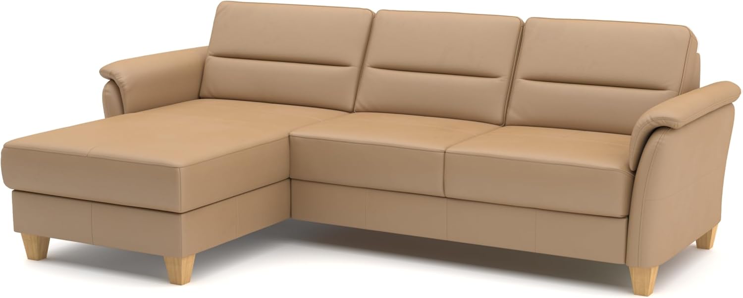 CAVADORE Leder-Ecksofa Palera mit Longchair / Landhaus-Couch mit Federkern + massiven Holzfüßen / 244 x 89 x 163 / Leder Beige