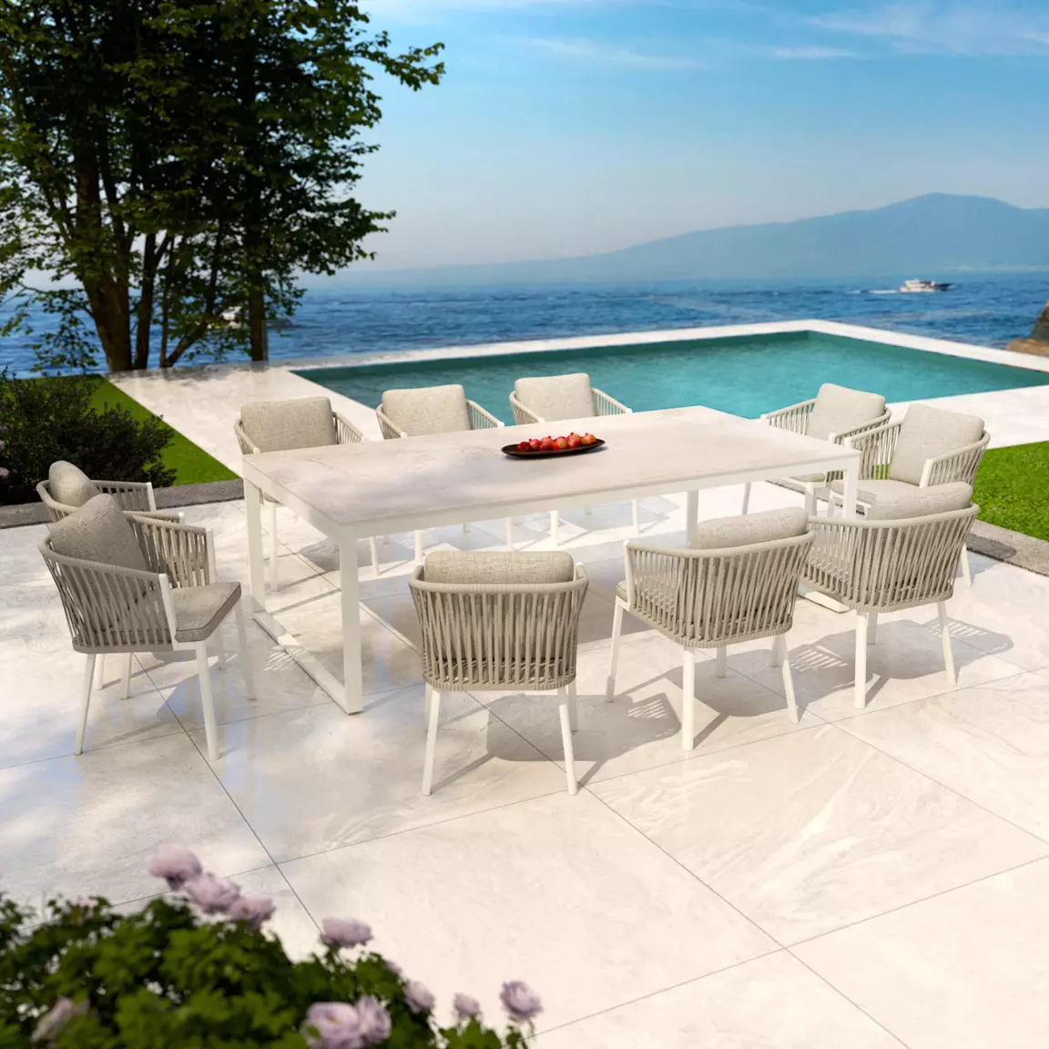 Table de jardin en aluminium et céramique 10 places (240 x 120 cm) Kore Blanc et beige