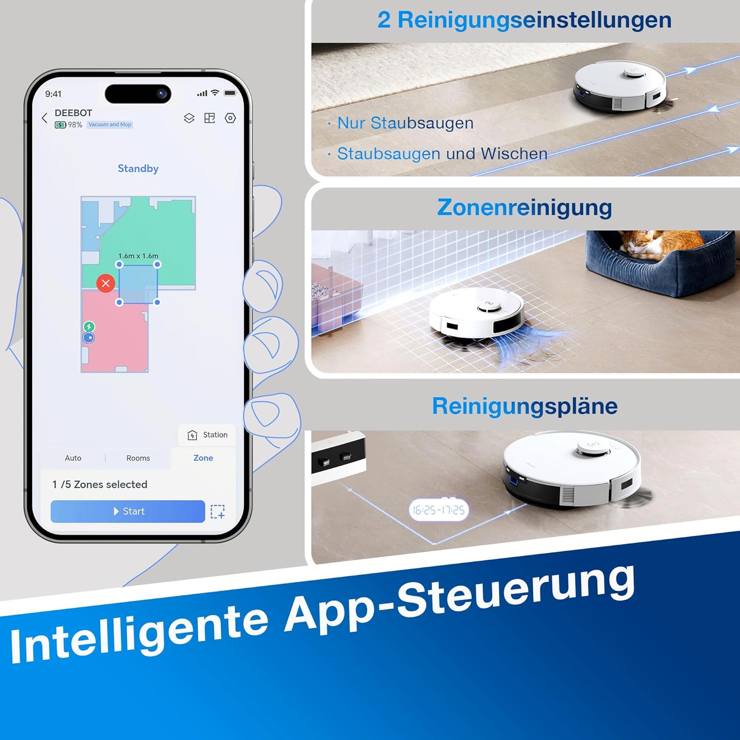 ECOVACS DEEBOT N20, Saugroboter mit Wischfunktion, Anti-Haar-Verhedderung, 300 Minuten Laufzeit, 20 mm Türschwellen, TrueMapping Intelligente Pfadplanung, White
