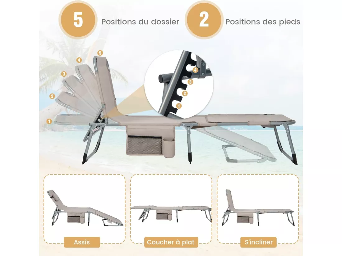 Bain de Soleil en Aluminium avec Dossier Réglable, Chaise Longue Pliante avec Oreiller Amovible et Trou pour Le Visage, Transat avec Poche Latérale, pour Jardin, Plage, Charge 180 KG (Beige)