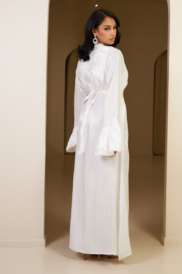Ensemble 3 pièces abaya + gilet + voile satinée et pailletée blanc