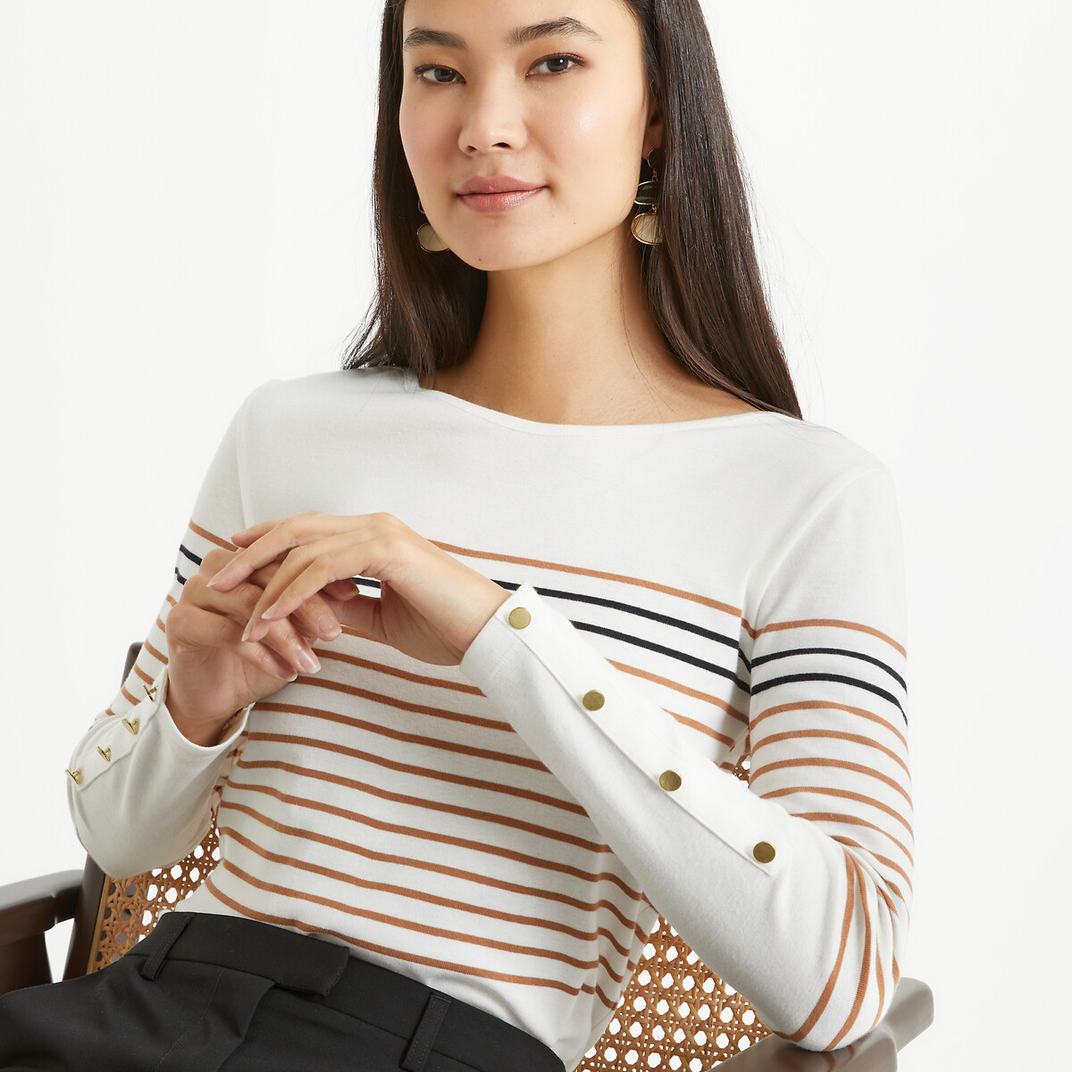 ANNE WEYBURN<br>Camiseta listrada, gola redonda, mangas compridas
