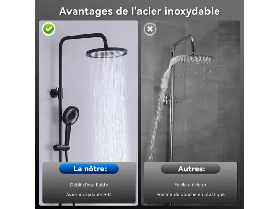 Colonne de Douche Thermostatique Ensemble de Douche Noir avec Douchette 3 Jets Kit de Douche Hauteur Réglable Mitigeur en Laiton Durable