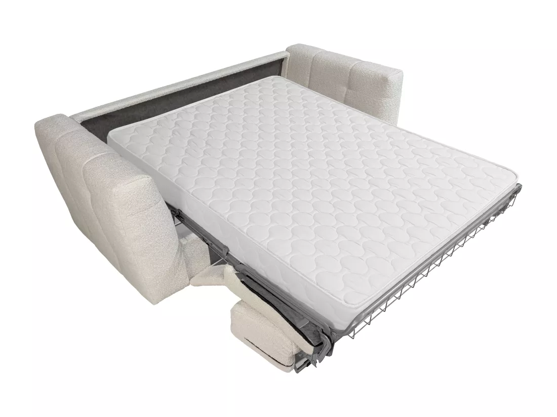 Canapé 3 places convertible express en tissu bouclette beige - Couchage 140 cm - Matelas 13 cm DILOME