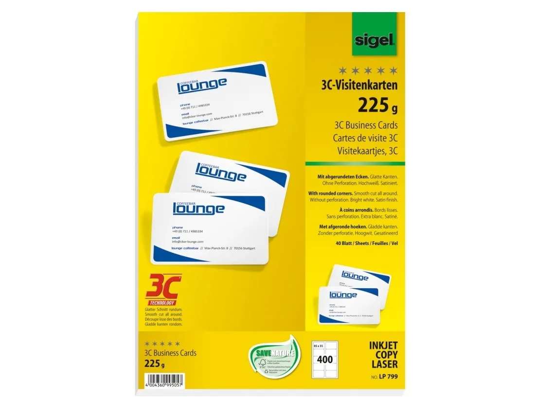 Sigel LP799 - Skinnende hvid - 85 x 55 mm - 225 g/m² - 400 kort (40 ark x 10) visitkort