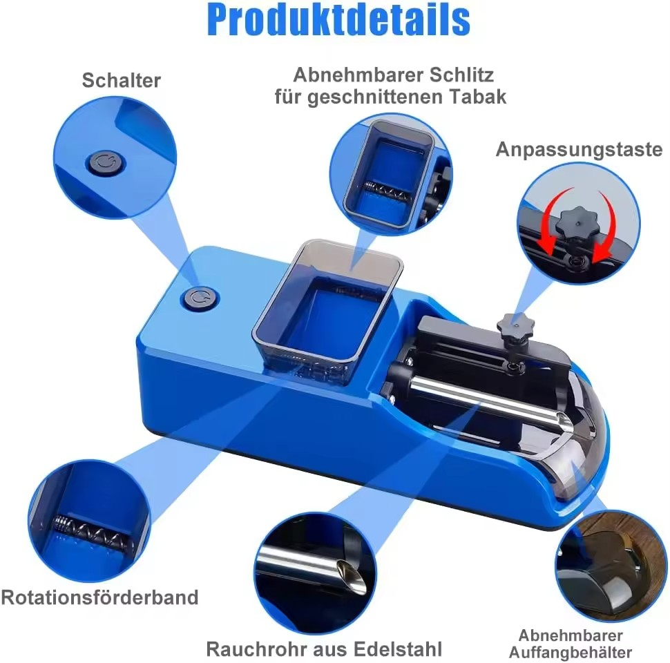 Elektrische Zigaretten Rollmaschine Vollautomatische Tabak Drehhilfe USB Stopfgerät inkl. Reinigungsbürste / Rührwerk - Blau