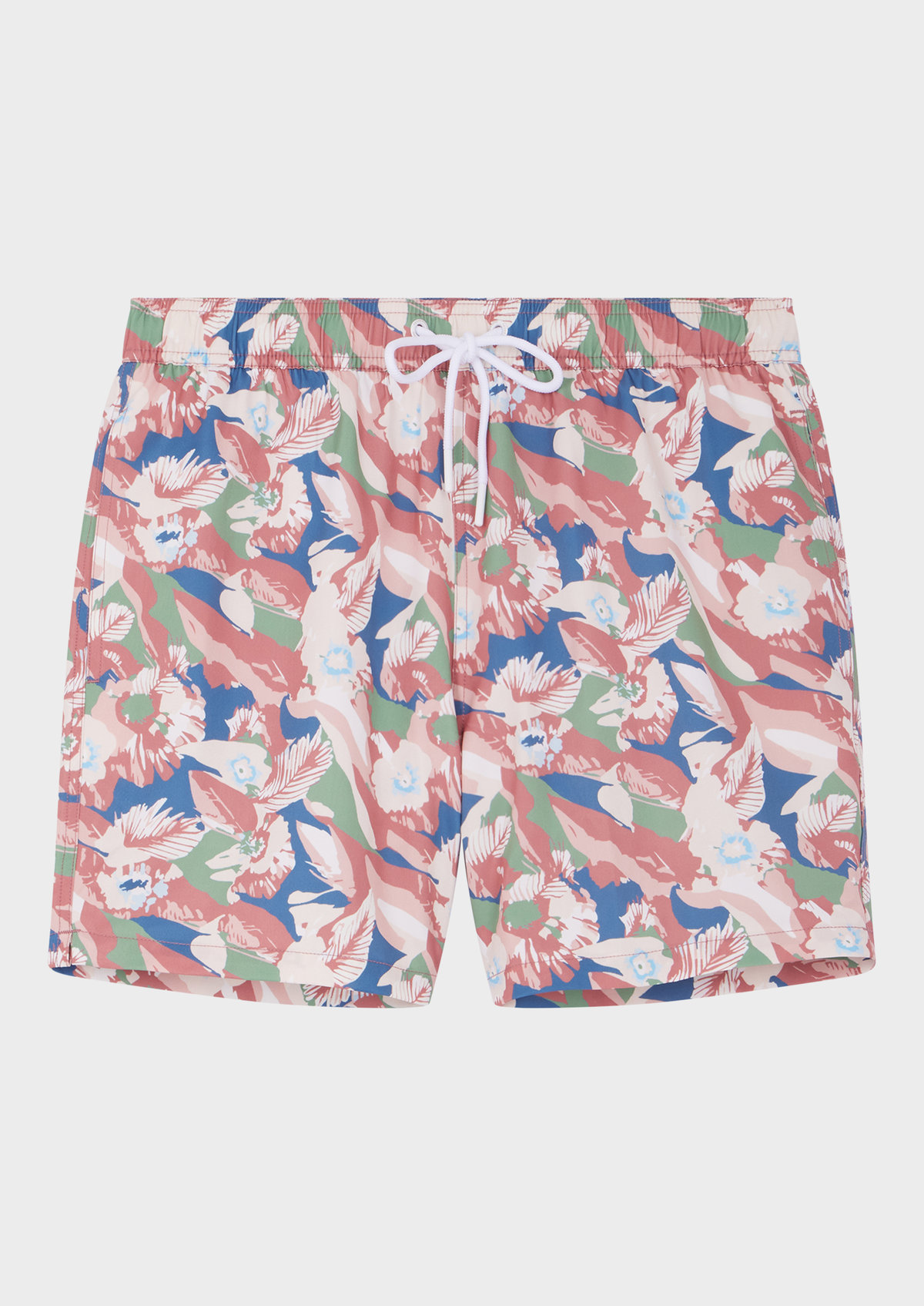 Maillot de bain rose à motif fleuri kaki, bleu marine et beige