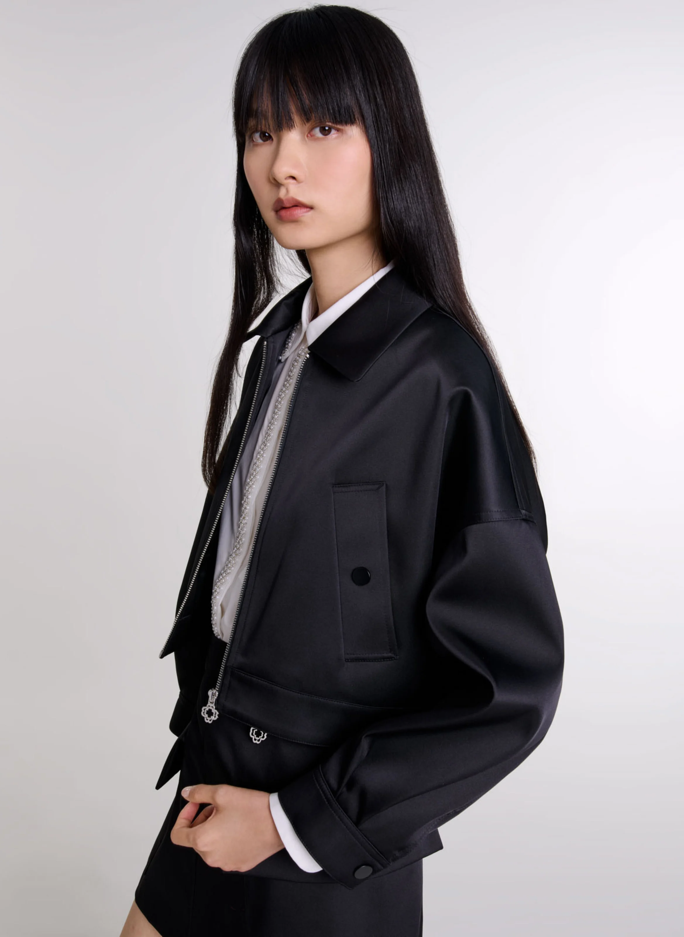 Blouson col classique ample en satin | Noir