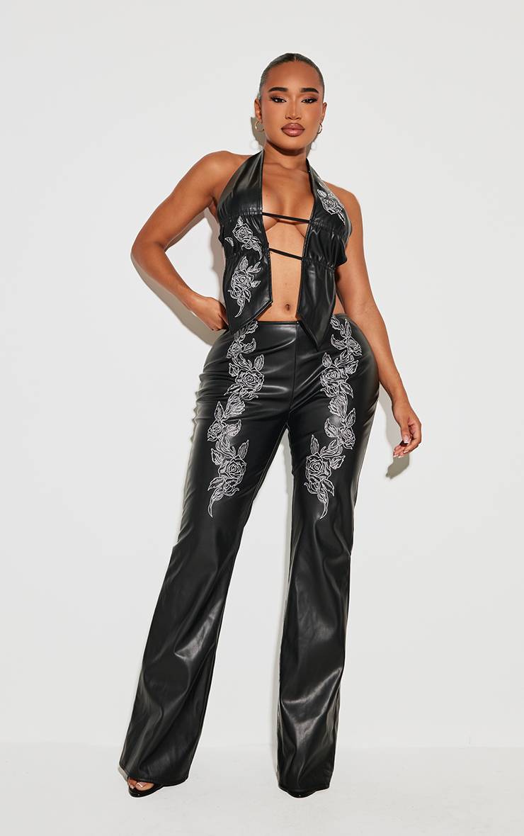 Noir Pantalon Évasé En Synthétiquecuir Brodé Shape