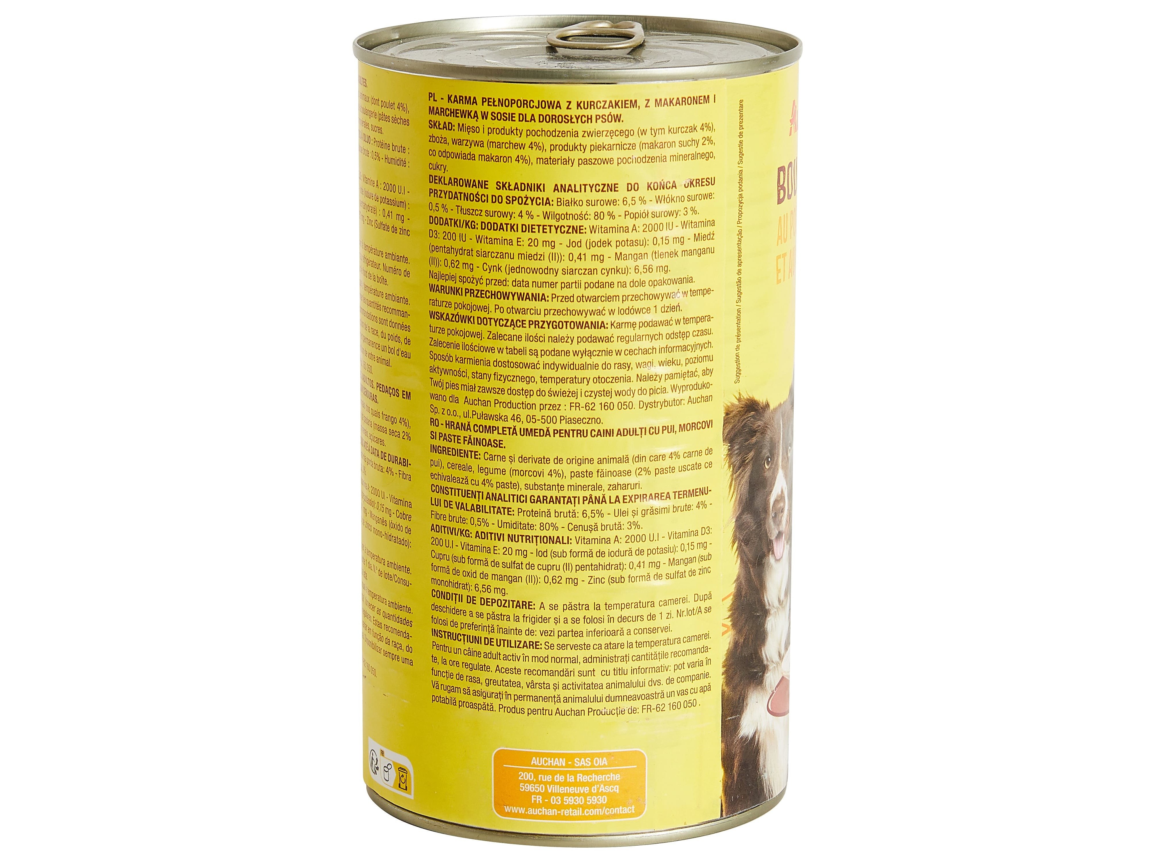 COMIDA HÚMIDA PARA CÃO AUCHAN PEDAÇOS EM MOLHO COM FRANGO COM MASSA E COM CENOURAS 1200G