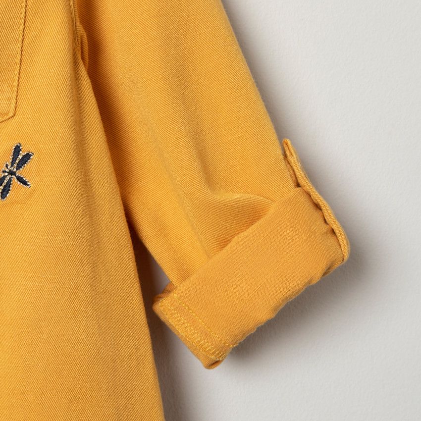 Robe manches longues en toile jaune à libellules brodées - Jaune