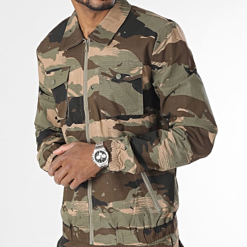 Ensemble Veste Zippée Et Pantalon Cargo Vert Kaki Marron Camouflage